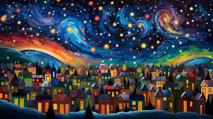 Naklejka premium Enchanting winter town under a swirl of stars on a snowy night.