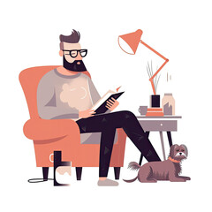 Bearded man in glasses with a stylish hairstyle in youth clothes sits on an armchair and reads a book AI Generated