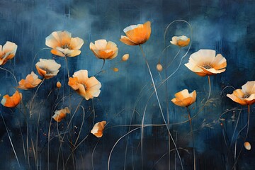 poppies on a dark blue background, 3d illustration, Postimpressionist style artwork of orange flowers, AI Generated