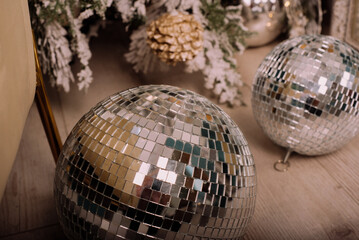Mirror balls under the Christmas tree. Christmas.