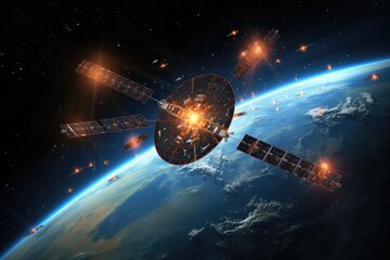 Satellite orbiting the earth in space. Elements of this image furnished by NASA, SpaceBased Solar Power. a network of satellites, AI Generated