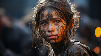 Asian girl working in a coal mine, face smeared with soot. - obrazy, fototapety, plakaty