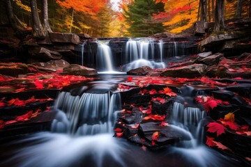 Waterfall in the autumn forest with red maple leaves and rocks, The red maple leaves frame this...