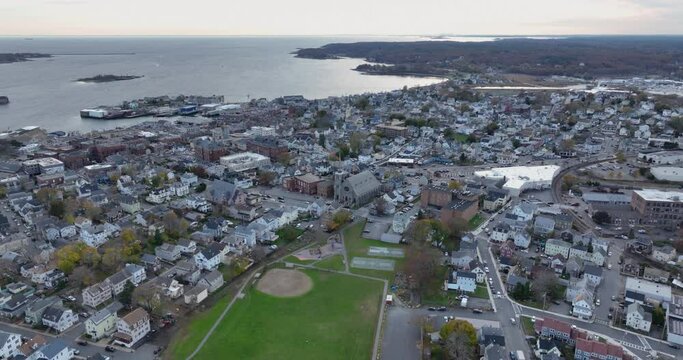 Autumn aerial, drone, video the City of Gloucester, Massachusetts, MA, USA.	
