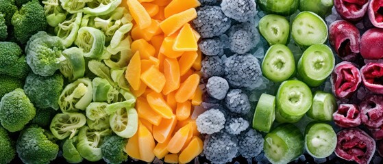 vertical arrangement of frozen,vegetables in  top view   background   - obrazy, fototapety, plakaty