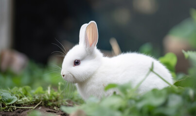 cute white bunny rabbit in the grass park