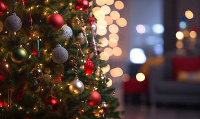 Fototapeta na wymiar christmas tree lights with beautiful decoration