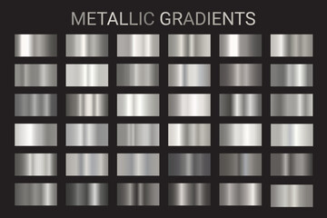 Metal gradients color set vector. Silver chrome texture surface background template for background, screen, mobile, digital, web. Metallic and chromium shade collection. Gold, silver, bronze colorful  - obrazy, fototapety, plakaty