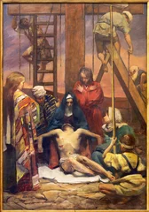 Foto op Plexiglas TREVISO, ITALY - NOVEMBER 8, 2023: The painting   Deposition of the Cross as the part of Cross way stations in the church La Cattedrale di San Pietro Apostolo by Alessandro Pomi (1947). © Renáta Sedmáková