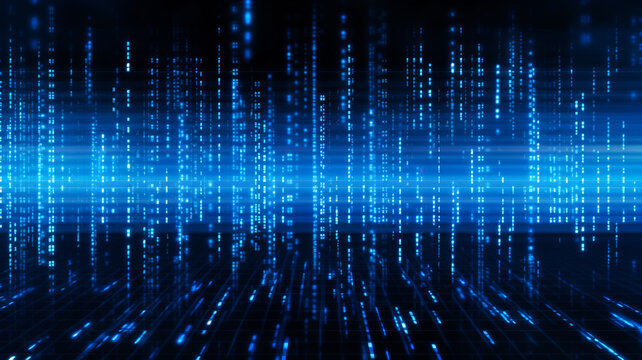 Blue digital binary data on computer screen background