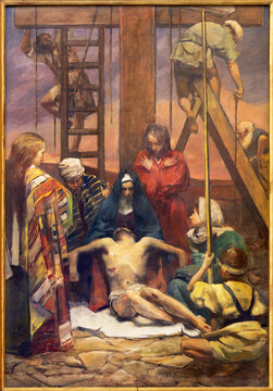 TREVISO, ITALY - NOVEMBER 8, 2023: The painting   Deposition of the Cross as the part of Cross way stations in the church La Cattedrale di San Pietro Apostolo by Alessandro Pomi (1947).