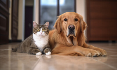 dog and cat sit in the floor home