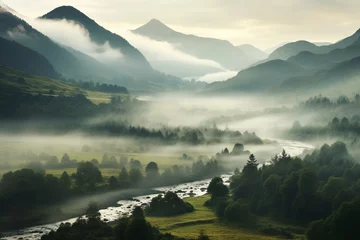 Fotobehang Mountains, hills in cloud, mist, rain, fog, Cairngorms, Highlands, Scotland © antusher