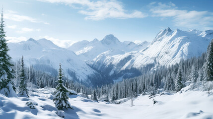 View of snow covered mountain and green trees in spring.  - Powered by Adobe