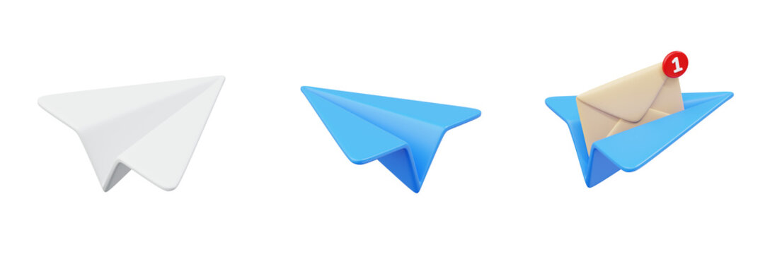 3d set of paper plane and mail icon with notification of new message concept illustration ideas