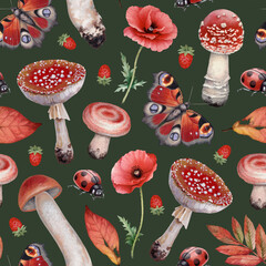 Hand painted botanical pattern design with illustrations of forest nature. Cottegecore style. Perfect for prints, fabrics, wallpapers, apparel, home textile, packaging design, posters, stationery