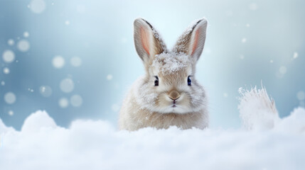 Cute bunny   in the snow, winter wallpaper 