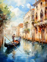 A Painting Of A Gondola On A Canal With Buildings And Trees - Amazing Venice - artwork in painting style - obrazy, fototapety, plakaty
