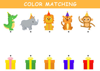Color matching game for preschool kids. Color Matching Activities for Toddlers. Fun puzzle with cute animals illustration. Color matching worksheet for children.