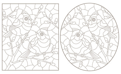 A set of contour illustrations of stained glass windows with birds on branches, dark contours on a white background