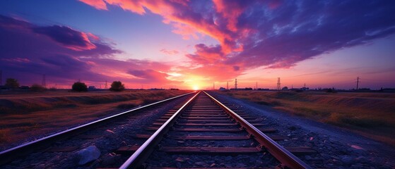 railway at sunset - obrazy, fototapety, plakaty