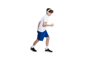 PNG, teenage boy in sportswear running, isolated on white background.