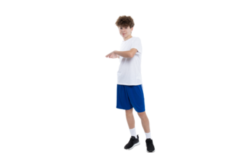 PNG, teenage boy in sportswear doing warm up, isolated on white background.