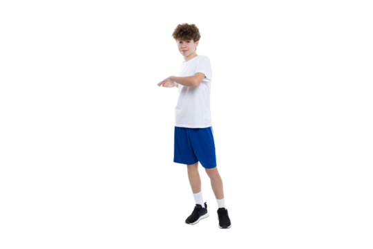 PNG, teenage boy in sportswear doing warm up, isolated on white background.