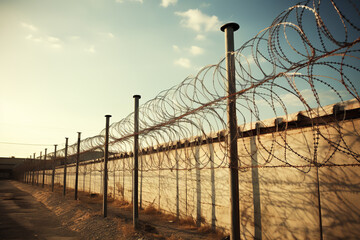 A high perimeter wall topped with rolls of barbed wire circles a prison facility, emphasizing the restrictive nature of the institution - obrazy, fototapety, plakaty