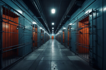 A row of prison cells with sliding metal doors sits closed, symbolizing the loss of freedom and individuality for the incarcerated