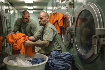 A group of inmates are busy doing laundry in a prison laundry room, carrying out one of the daily chores required of them