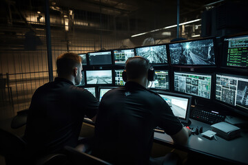 Guards in a prison control room are intently monitoring multiple CCTV screens, ensuring the safety and order within the facility - Powered by Adobe