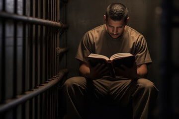 An inmate sits on a simple bunk bed reading a book in a small, dimly lit prison cell, showcasing the limited personal space and activities available - obrazy, fototapety, plakaty