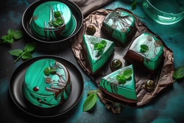 Obraz na płótnie Canvas Chocolate Mint Cake, Green Glazed Pastry, Mint Cake, Abstract Generative AI Illustration