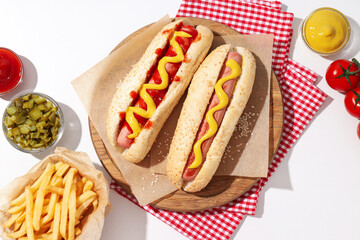 Hot dogs on board, sauces in bowls and french fries on white background, top view