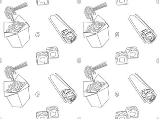 Black and white seamless doodle pattern of Chinese, Japanese food, rolls, sushi, noodles . continuous one line art hand drawing sketch