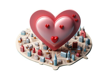 3D Illustration of a Paper Sculpture of a Mini City with Heart-shaped Clouds in the isolated on a Transparent background. Generative AI