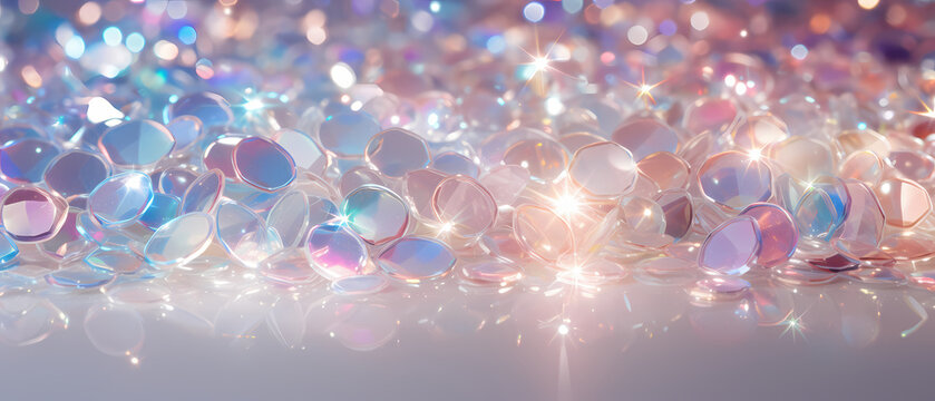 Close-up of crystal beads on blue background with bokeh effect