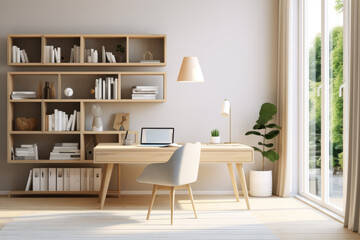 Fototapeta na wymiar A stylish home office in Scandinavian design, with a sleek desk, comfortable chair, shelving units with books and decorative objects, and a modern pendant light