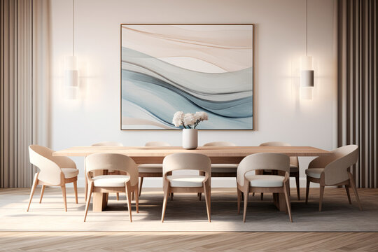 An elegant dining area in Scandinavian style, with a long, sleek dining table, curved chairs in light gray fabric, a geometric pendant light, and a large framed abstract artwork