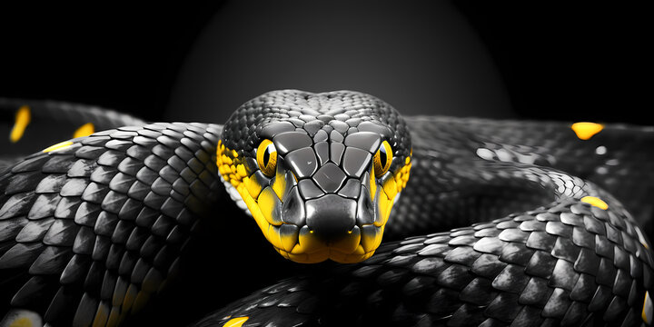 Close-up portrait of a snake with yellow eyes on a black background