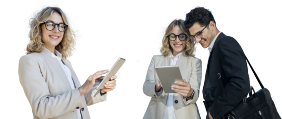 Productive business people are holding a laptop, colleagues are meeting a woman and a man in the office workplace . Startup financiers in the office team work together online in business suits. 