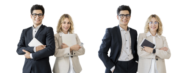 Startup financiers in the office the startup team work online in business suits. Successful business people colleagues meeting a woman and a man use a tablet computer. Isolated background.