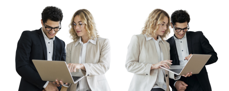 Productive business people are holding a laptop, colleagues, a woman and a man are using a computer. Startup financiers in the office team work together online in business suits. Isolated background.