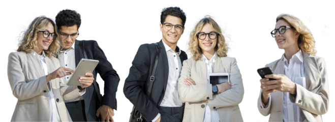 Business people meeting a woman and a man using a tablet banking application for a loan. The team managers work online in business suits. Isolated background.