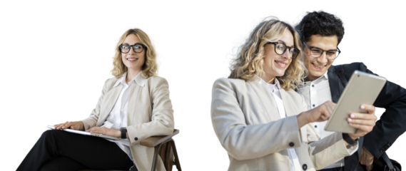 Business people a woman and a man use a tablet banking application for a loan. A business woman is sitting in a manager's chair, smiling happily. Isolated background.