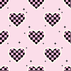 Seamless vector pattern with y2k checkered hearts and stars. Pink emo goth background with love symbols. Cute texture for wrapping paper, wallpaper, fabric, print, cover design. Valentine day concept. - obrazy, fototapety, plakaty