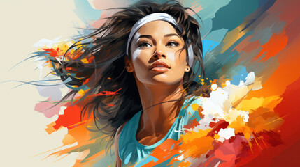 Athletic young woman, volleyball player team. Contemporary art collage. Concept of sport, active and healthy lifestyle, inspiration and creativity. - obrazy, fototapety, plakaty