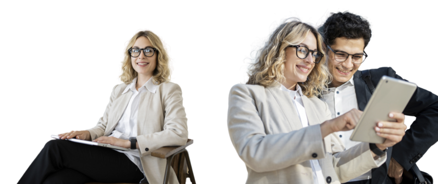 Business people a woman and a man use a tablet banking application for a loan. A business woman is sitting in a manager's chair, smiling happily. Isolated background.