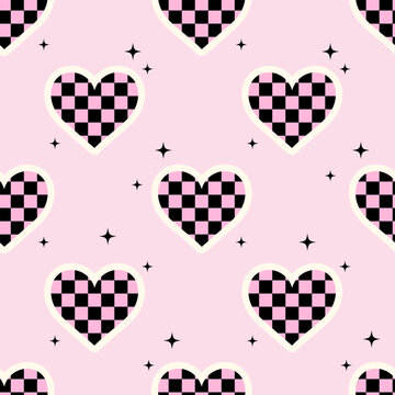 Seamless vector pattern with y2k checkered hearts and stars. Pink emo goth background with love symbols. Cute texture for wrapping paper, wallpaper, fabric, print, cover design. Valentine day concept.